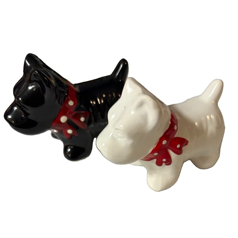 Vintage Japan Scottie Dog Salt Pepper Shakers Black White Red Polka Dot Bow